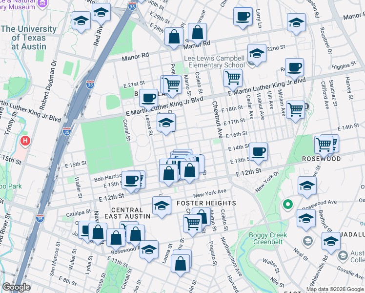 map of restaurants, bars, coffee shops, grocery stores, and more near 1905 East 16th Street in Austin