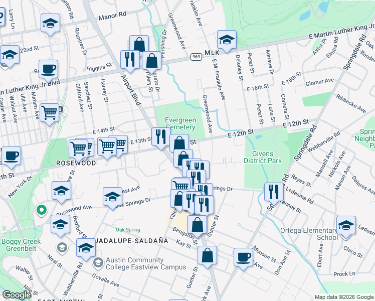 map of restaurants, bars, coffee shops, grocery stores, and more near 1185 Ridge Drive in Austin