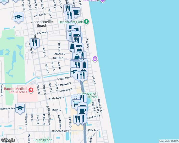 map of restaurants, bars, coffee shops, grocery stores, and more near 1312 Ocean Front South in Jacksonville Beach