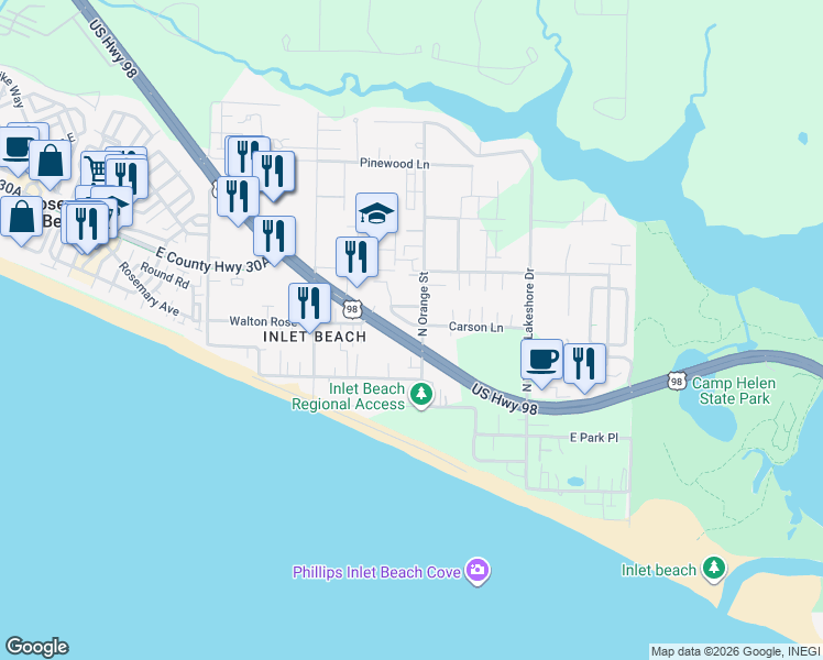 map of restaurants, bars, coffee shops, grocery stores, and more near 23 Pompano Court in Rosemary Beach