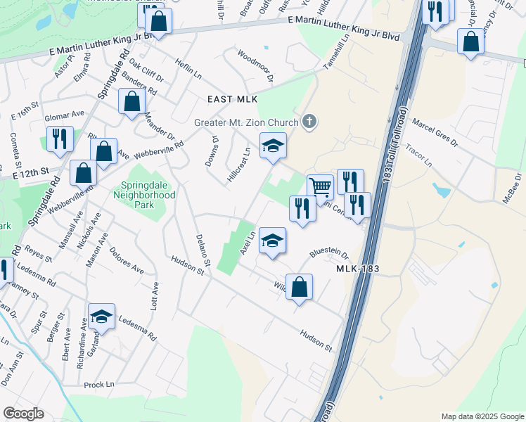 map of restaurants, bars, coffee shops, grocery stores, and more near 5712 Jackie Robinson Street in Austin