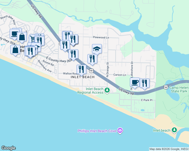 map of restaurants, bars, coffee shops, grocery stores, and more near 13226 East Emerald Coast Parkway in Rosemary Beach