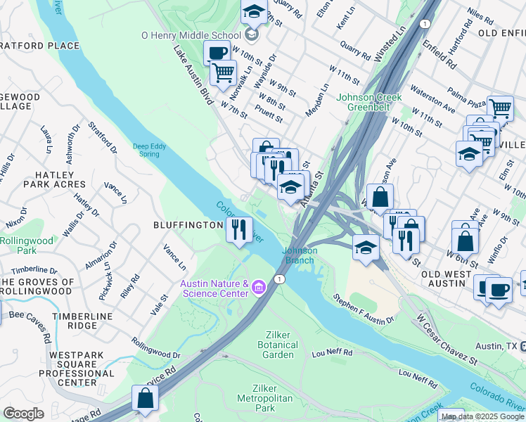 map of restaurants, bars, coffee shops, grocery stores, and more near Quarry Road in Austin