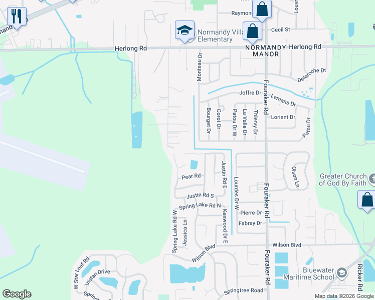 map of restaurants, bars, coffee shops, grocery stores, and more near 8224 Justin Road North in Jacksonville