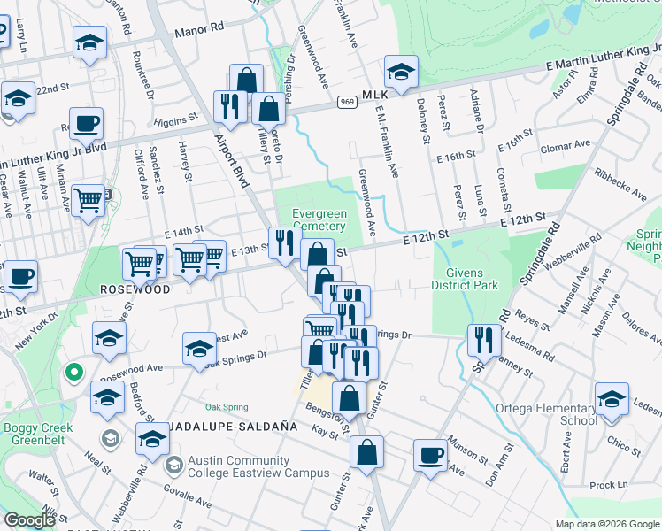 map of restaurants, bars, coffee shops, grocery stores, and more near 1185 Ridge Drive in Austin