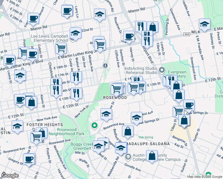 map of restaurants, bars, coffee shops, grocery stores, and more near 1207 Alexander Avenue in Austin
