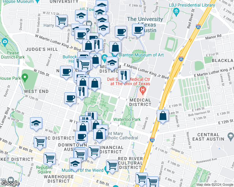 map of restaurants, bars, coffee shops, grocery stores, and more near in Austin
