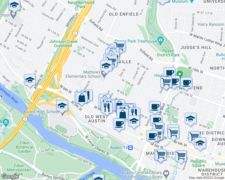 map of restaurants, bars, coffee shops, grocery stores, and more near 709 Oakland Avenue in Austin