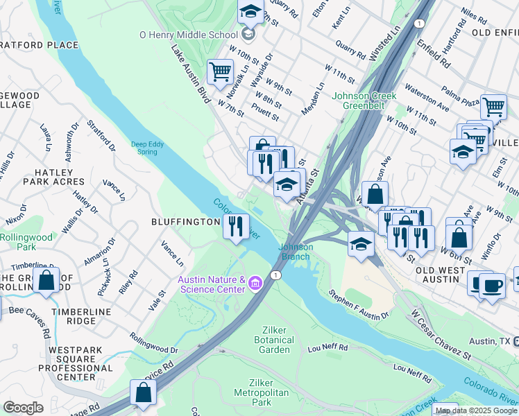 map of restaurants, bars, coffee shops, grocery stores, and more near 401 Deep Eddy Avenue in Austin