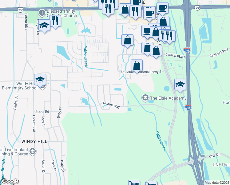 map of restaurants, bars, coffee shops, grocery stores, and more near 11035 Santa Fe Street North in Jacksonville