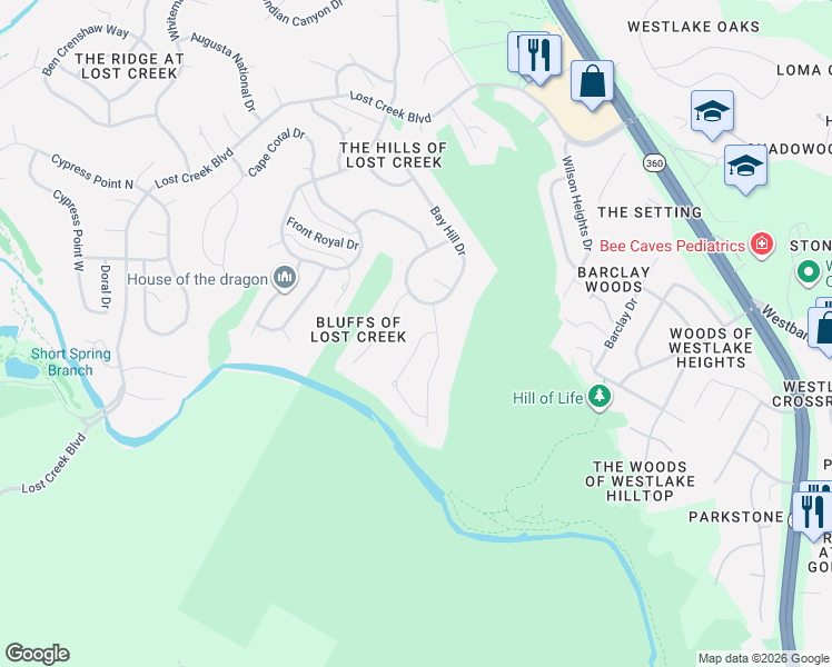 map of restaurants, bars, coffee shops, grocery stores, and more near 1904 Point Bluff Drive in Austin