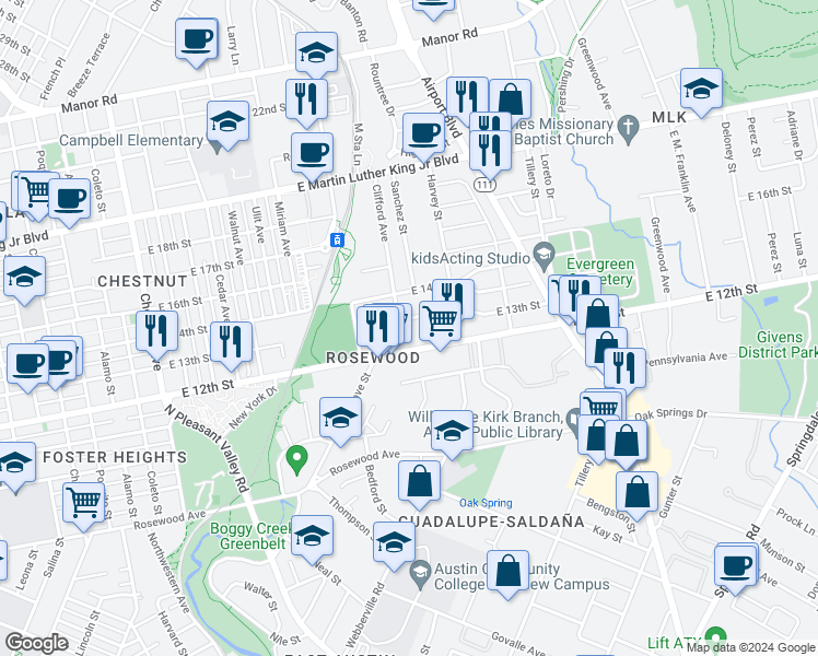 map of restaurants, bars, coffee shops, grocery stores, and more near 2925 East 13th Street in Austin
