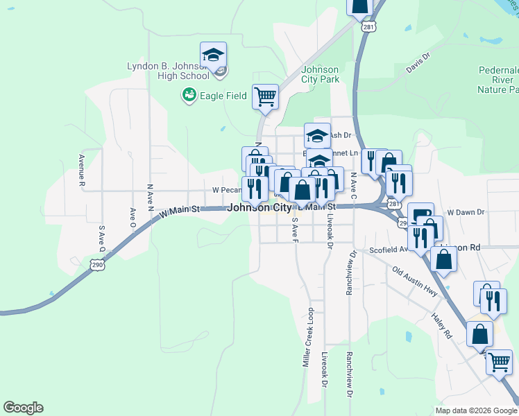 map of restaurants, bars, coffee shops, grocery stores, and more near U.S. 290 in Johnson City