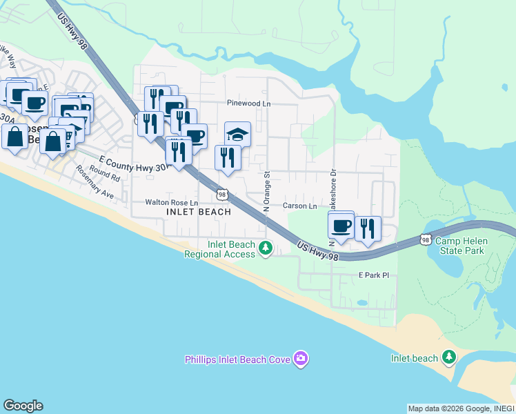 map of restaurants, bars, coffee shops, grocery stores, and more near 23 Pompano Court in Rosemary Beach