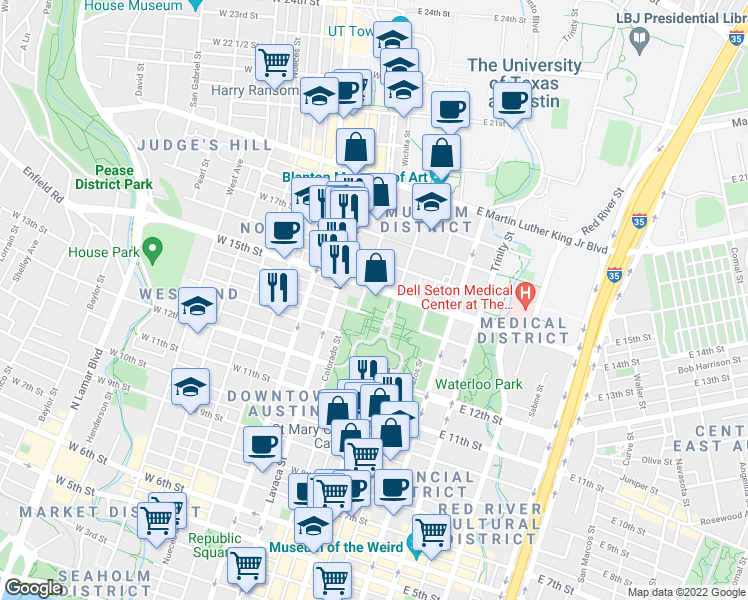 map of restaurants, bars, coffee shops, grocery stores, and more near 1400 Congress Avenue in Austin