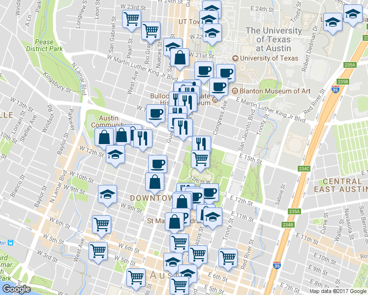 map of restaurants, bars, coffee shops, grocery stores, and more near 208 West 14th Street in Austin