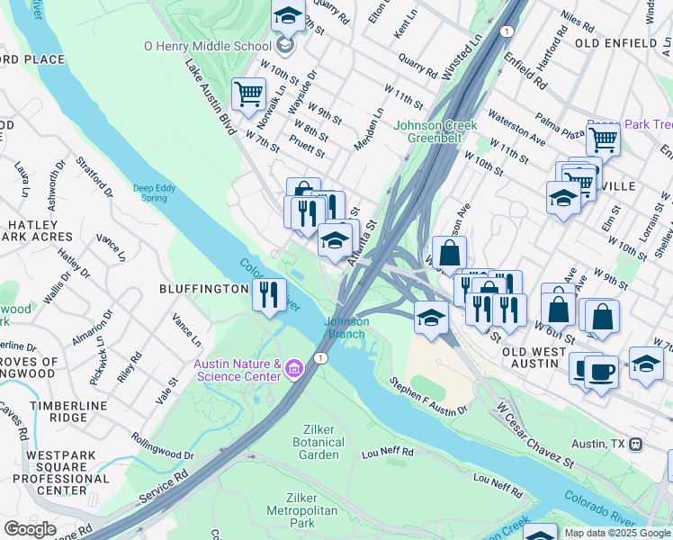 map of restaurants, bars, coffee shops, grocery stores, and more near 404 Atlanta Street in Austin