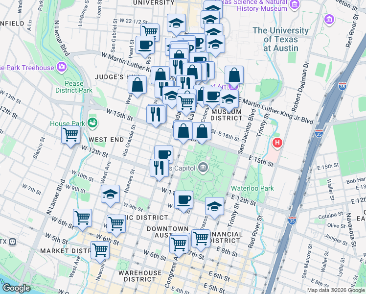 map of restaurants, bars, coffee shops, grocery stores, and more near 298 West 15th Street in Austin