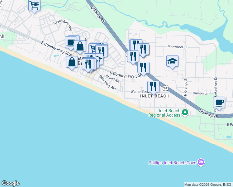 map of restaurants, bars, coffee shops, grocery stores, and more near 198 Round Road in Rosemary Beach