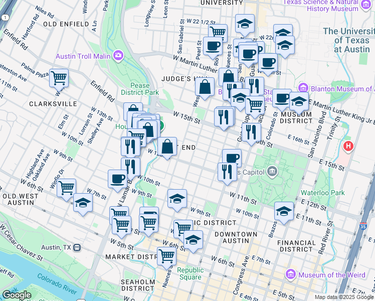 map of restaurants, bars, coffee shops, grocery stores, and more near 1212 Rio Grande Street in Austin