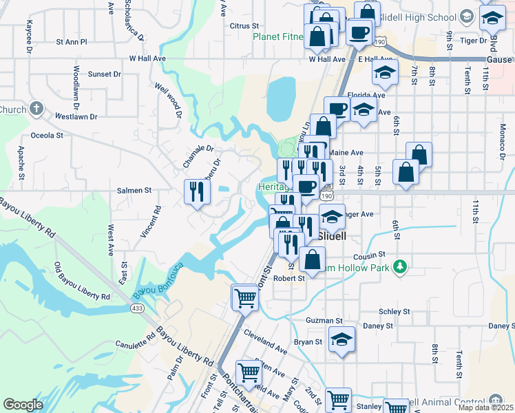 map of restaurants, bars, coffee shops, grocery stores, and more near 1901 Bayou Lane in Slidell