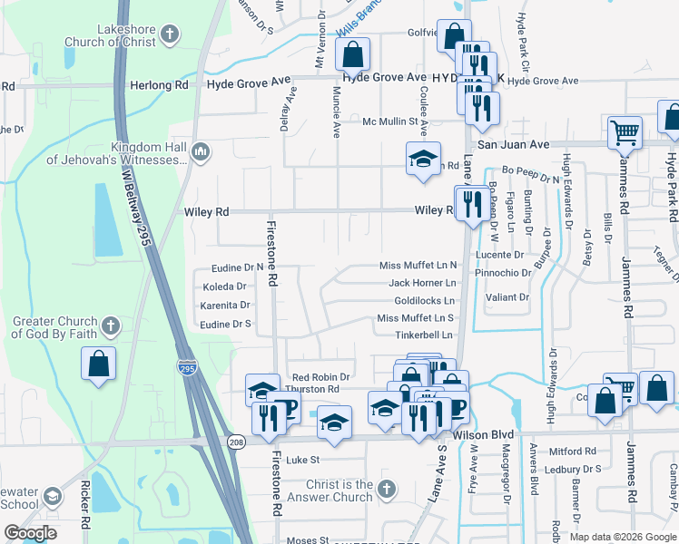 map of restaurants, bars, coffee shops, grocery stores, and more near 6980 Muffet Court in Jacksonville