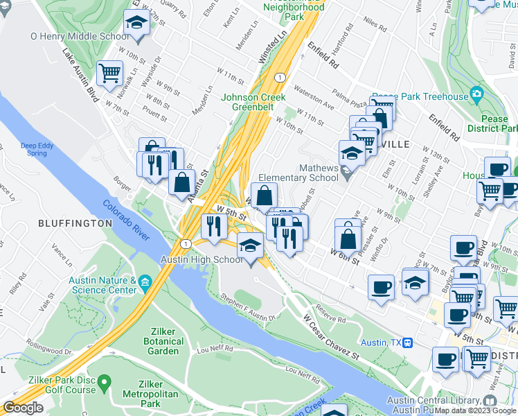 map of restaurants, bars, coffee shops, grocery stores, and more near W 6th St & Patterson Ave in Austin