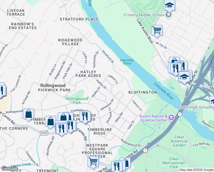 map of restaurants, bars, coffee shops, grocery stores, and more near 104 Wallis Drive in Austin