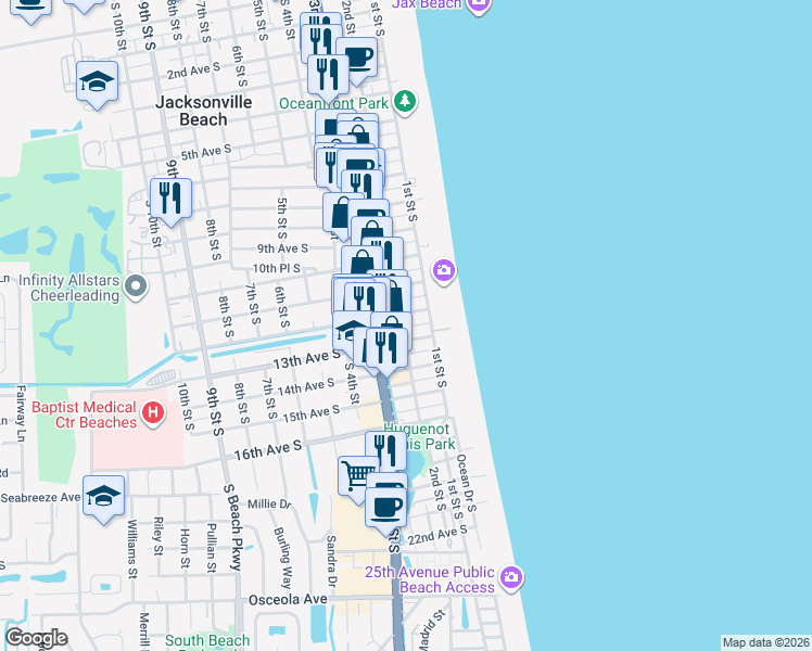 map of restaurants, bars, coffee shops, grocery stores, and more near 209 12th Avenue South in Jacksonville Beach
