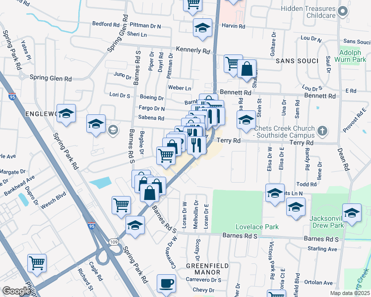 map of restaurants, bars, coffee shops, grocery stores, and more near 5951 Florida 109 in Jacksonville