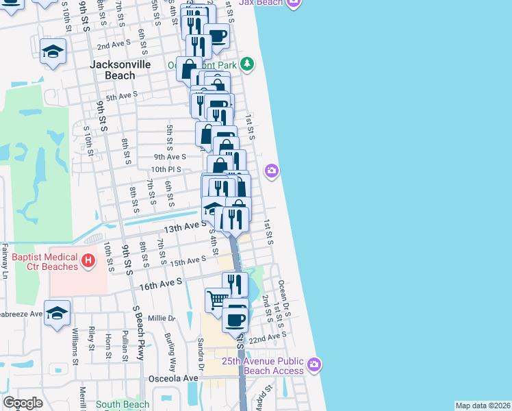 map of restaurants, bars, coffee shops, grocery stores, and more near 15 12th Avenue South in Jacksonville Beach