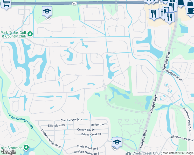 map of restaurants, bars, coffee shops, grocery stores, and more near 12995 Huntley Manor Drive in Jacksonville