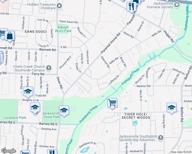 map of restaurants, bars, coffee shops, grocery stores, and more near 2479 Parental Home Road in Jacksonville