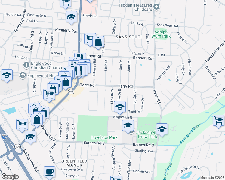 map of restaurants, bars, coffee shops, grocery stores, and more near 2618 Elisa Drive East in Jacksonville