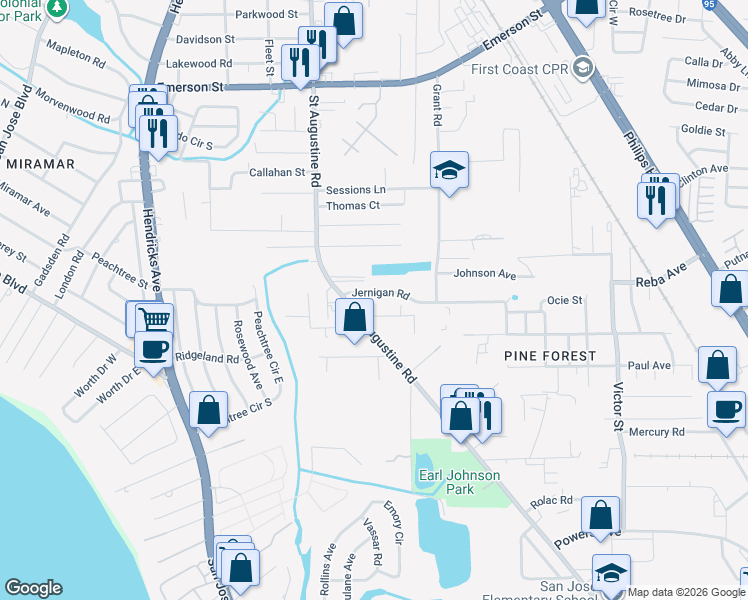map of restaurants, bars, coffee shops, grocery stores, and more near 2131 Jernigan Road in Jacksonville