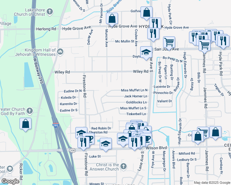 map of restaurants, bars, coffee shops, grocery stores, and more near 6941 Miss Muffet Lane North in Jacksonville