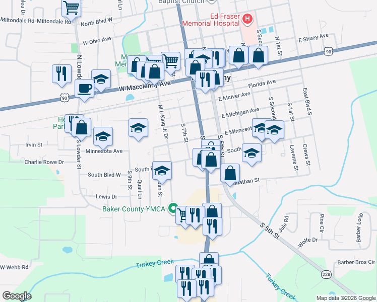 map of restaurants, bars, coffee shops, grocery stores, and more near 152 West Minnesota Avenue in Macclenny