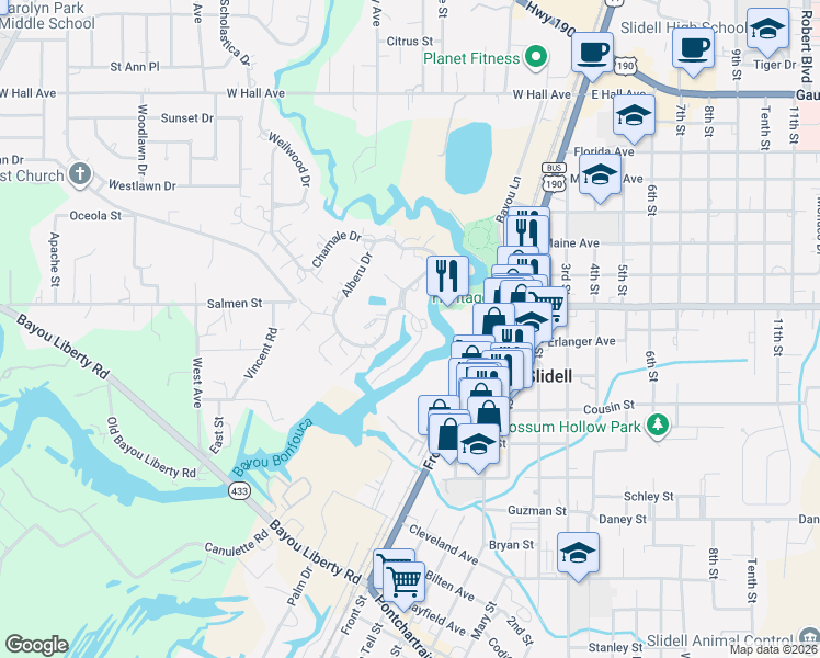 map of restaurants, bars, coffee shops, grocery stores, and more near 74 Chamale Cove in Slidell