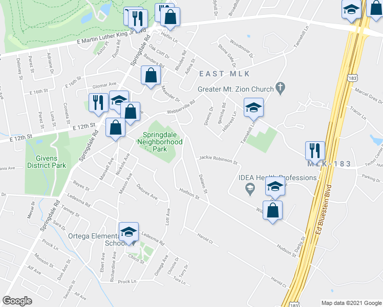 map of restaurants, bars, coffee shops, grocery stores, and more near 1313 Fort Branch Boulevard in Austin