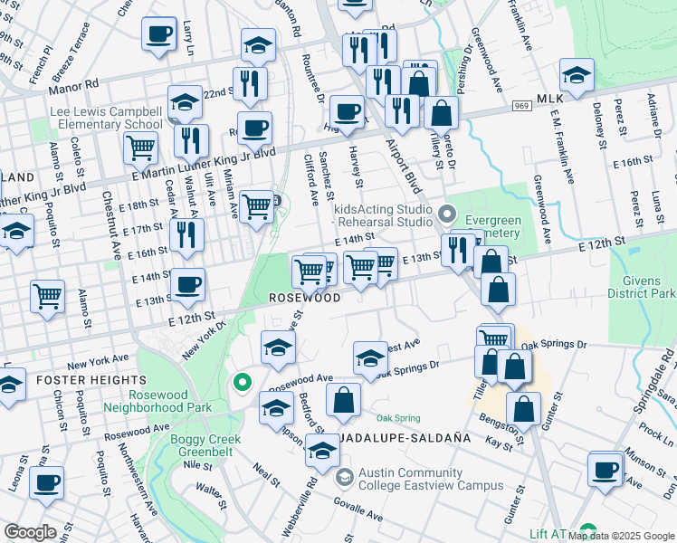 map of restaurants, bars, coffee shops, grocery stores, and more near 2938 East 13th Street in Austin