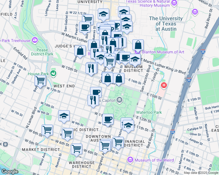 map of restaurants, bars, coffee shops, grocery stores, and more near 1414 Colorado Street in Austin