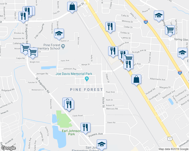 map of restaurants, bars, coffee shops, grocery stores, and more near 2599 Ocie Street in Jacksonville