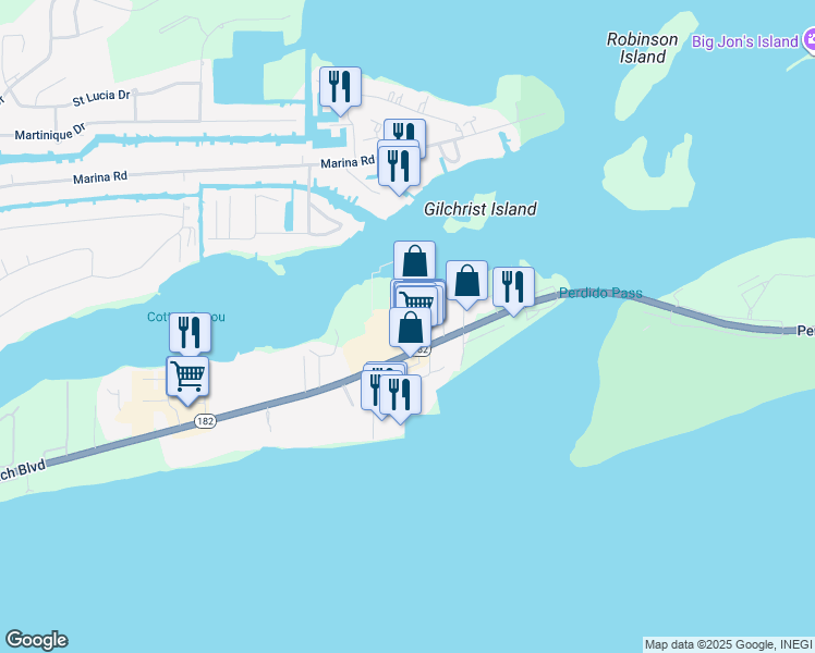 map of restaurants, bars, coffee shops, grocery stores, and more near 3699 Bayou Rd in Orange Beach