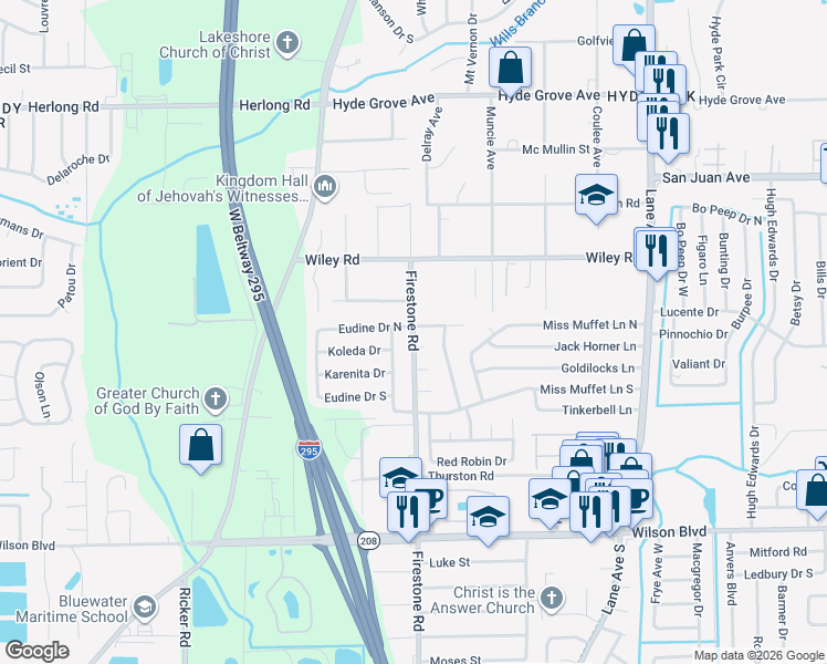 map of restaurants, bars, coffee shops, grocery stores, and more near 2235 Firestone Road in Jacksonville