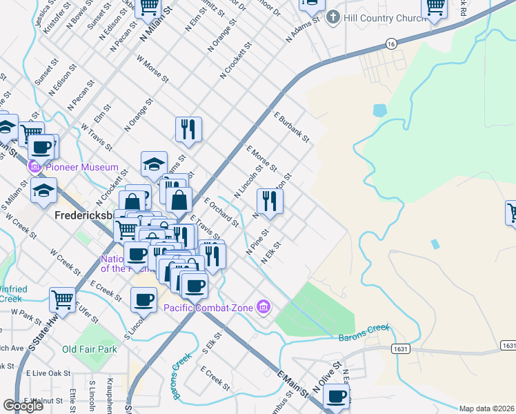 map of restaurants, bars, coffee shops, grocery stores, and more near 307 East Centre Street in Fredericksburg