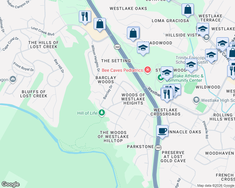 map of restaurants, bars, coffee shops, grocery stores, and more near 1501 Shannon Oaks Trail in Austin