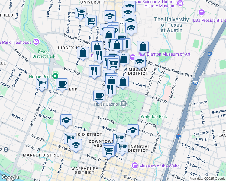 map of restaurants, bars, coffee shops, grocery stores, and more near 208 West 14th Street in Austin