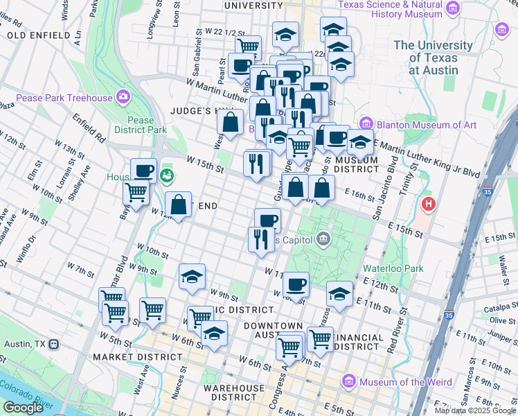 map of restaurants, bars, coffee shops, grocery stores, and more near 1402 San Antonio Street in Austin