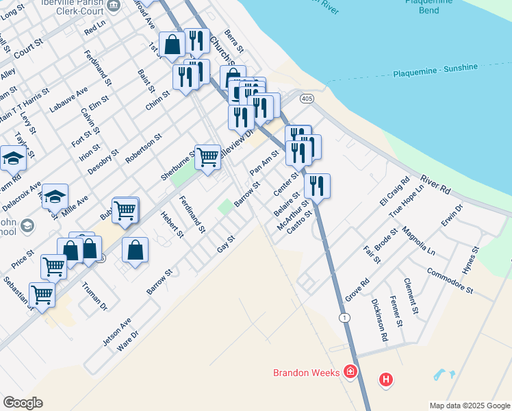map of restaurants, bars, coffee shops, grocery stores, and more near 57964 Center Street in Plaquemine