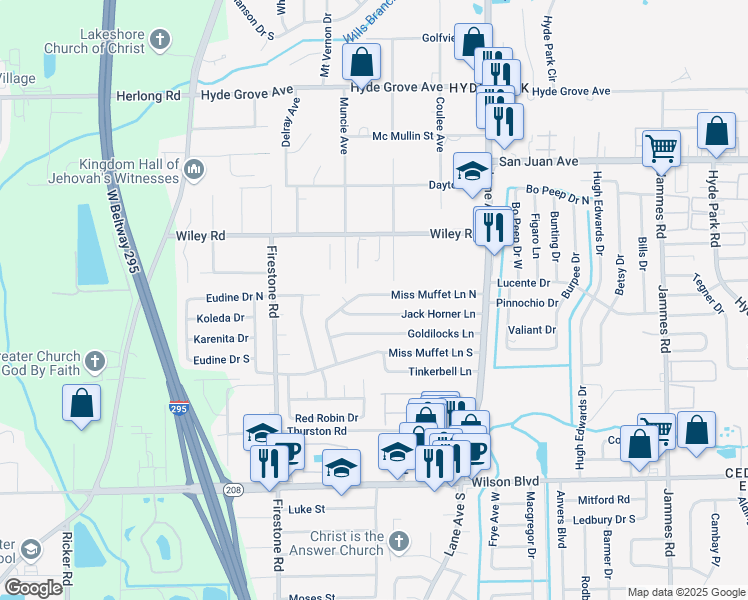 map of restaurants, bars, coffee shops, grocery stores, and more near 6941 Miss Muffet Lane North in Jacksonville